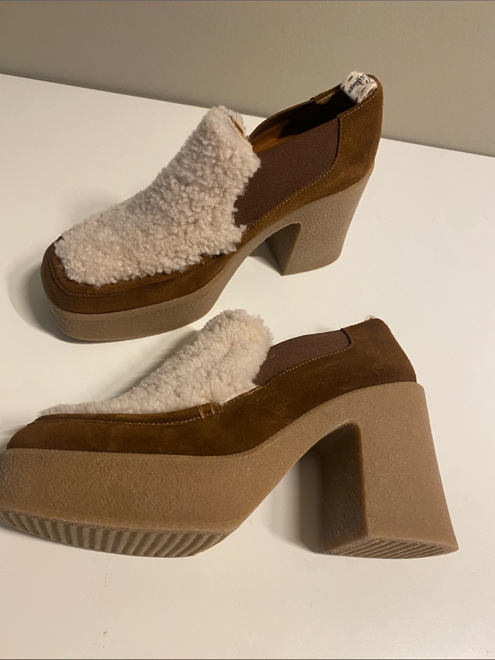Castaner Elsa Platform Loafer Heels Brown Suede with Shearling topper size 7.5 - Picture 4 of 8